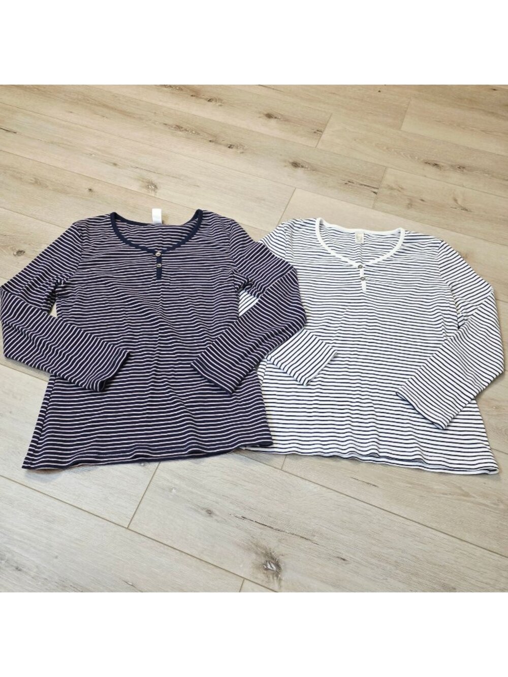 2 Striped Nautical Minimalist Long Sleeve Henleys Blue Gray Lascana Sz 12/14